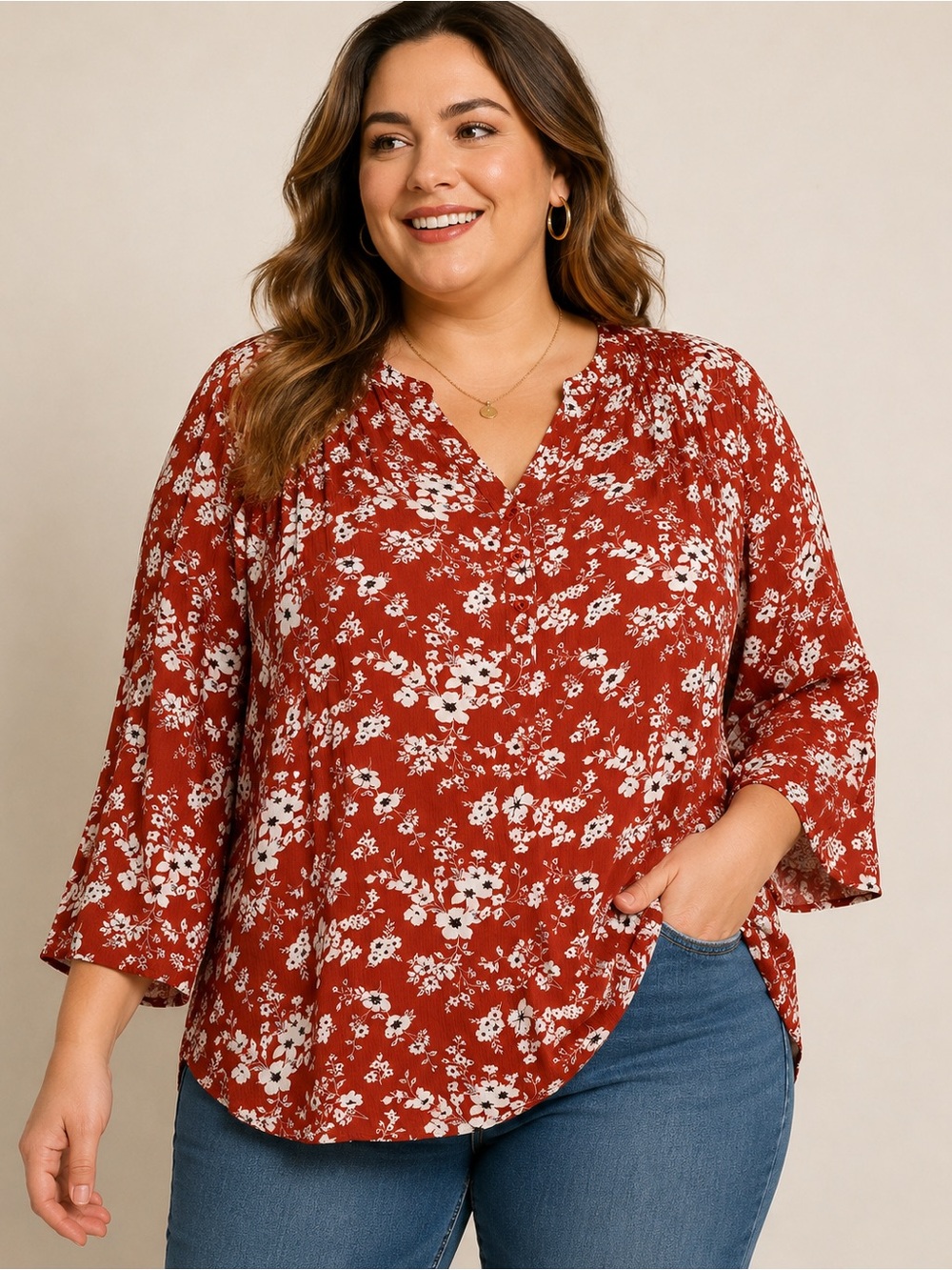 Fun2Fun Floral Peasant Blouse 2X Rust Red Boho Rayon